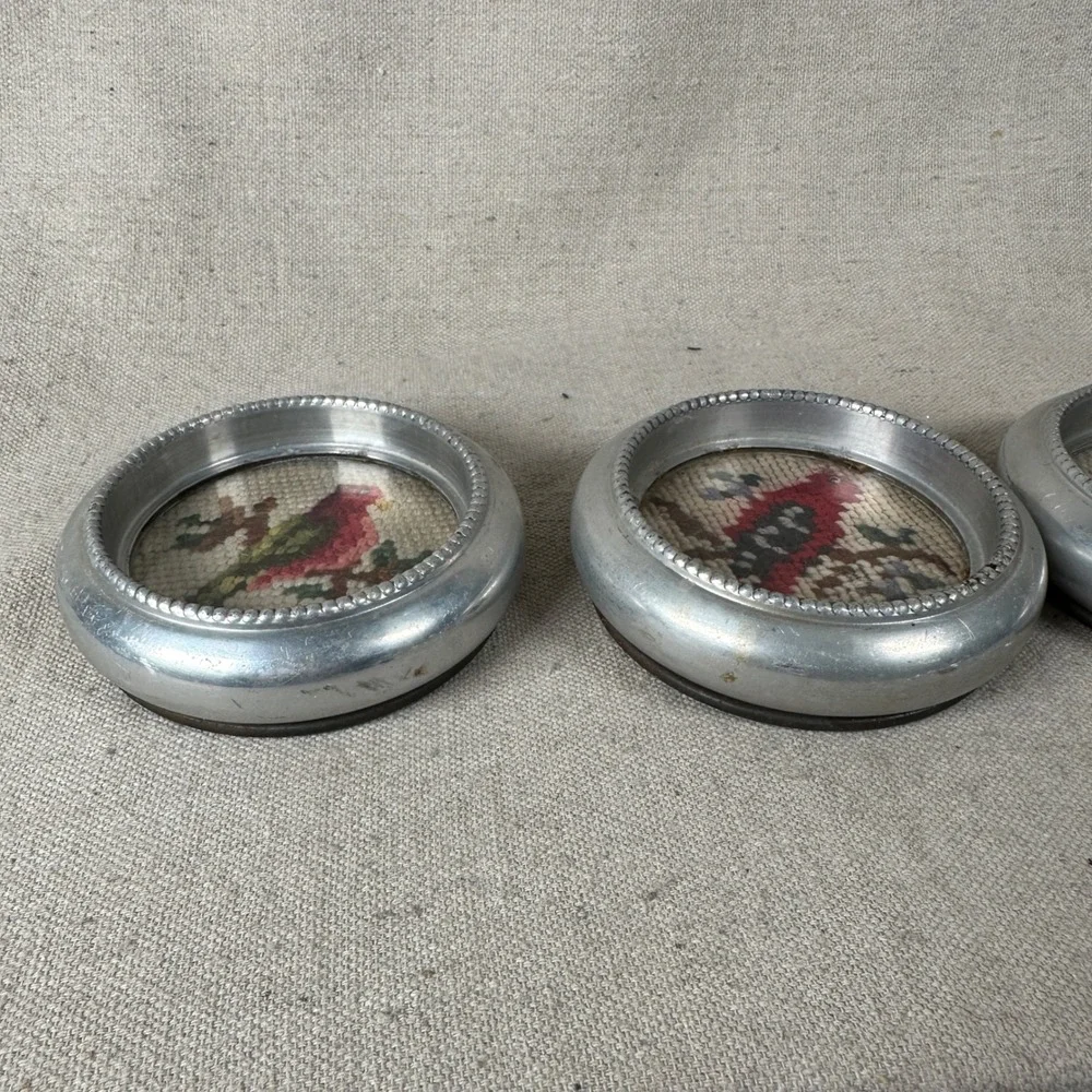 Vintage‎ Aluminum Needlepoint Bird Coasters Set of 3 Cottage Grandma